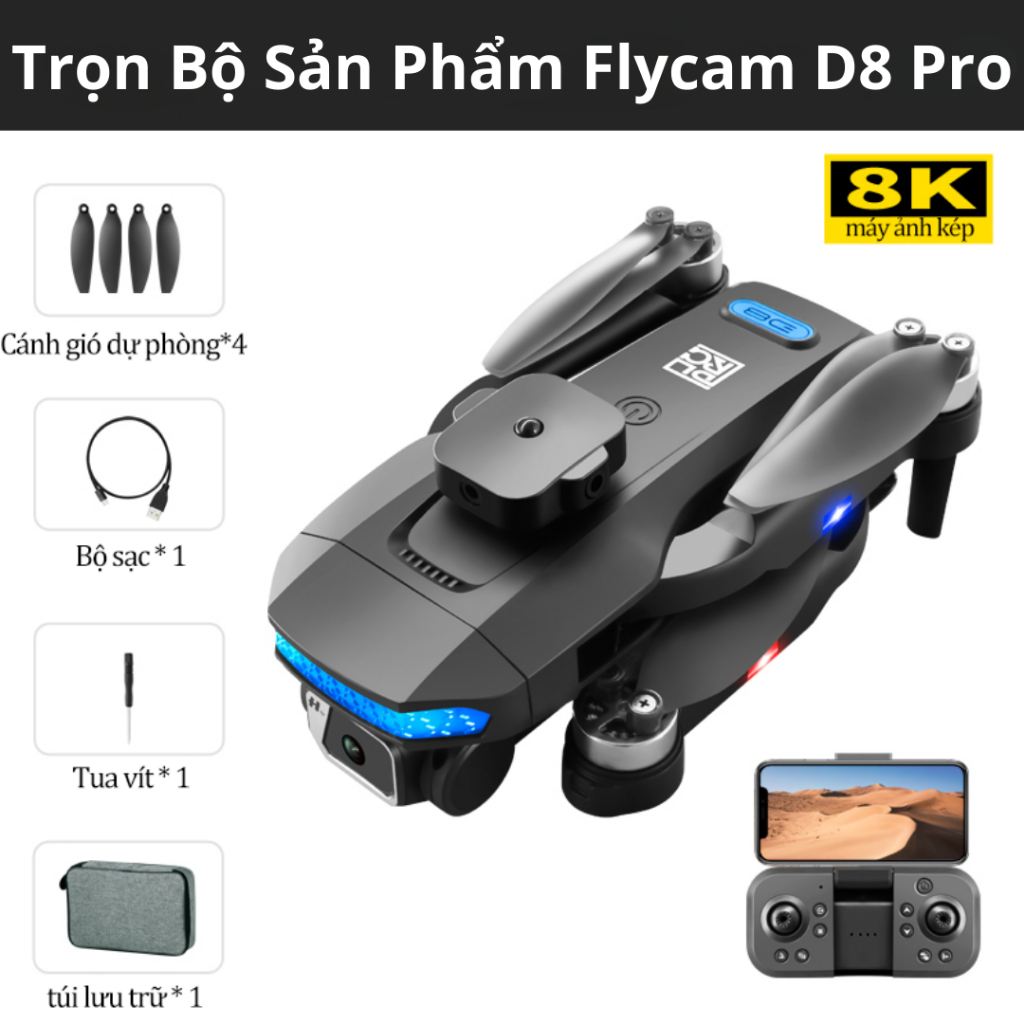 Drone mini, Flycam D8 PRO MAX camera 4K, Tránh Chướng Ngại Vật, Pin 2000mAh bay 20 phút