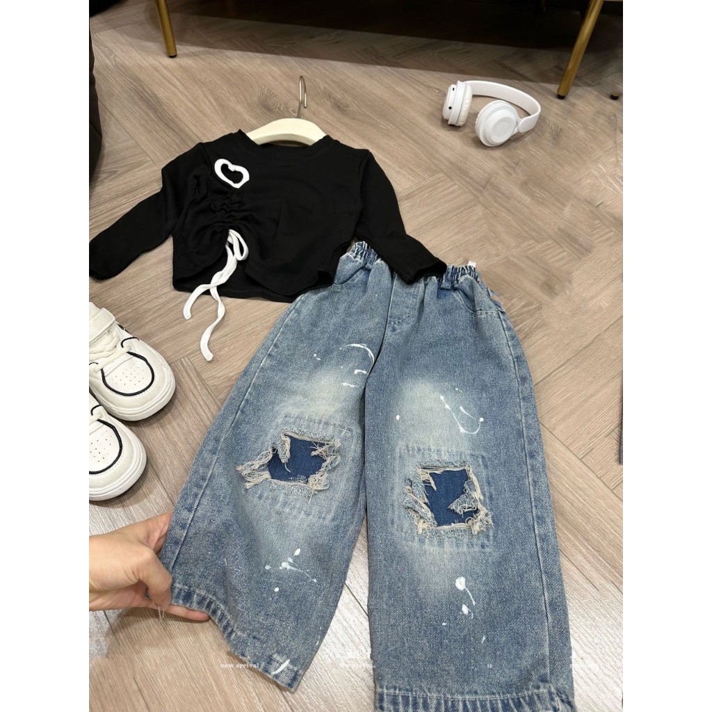 Bộ thu đông bé gái , sét bộ quần bò suông rách đắp gối kèm áo cotton nhún eo sành điệu cho bé gái 10-30kg