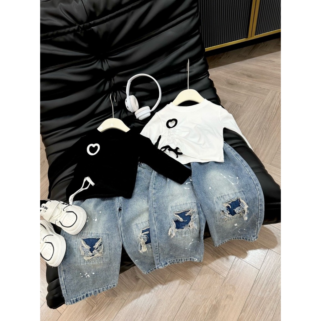 Bộ thu đông bé gái , sét bộ quần bò suông rách đắp gối kèm áo cotton nhún eo sành điệu cho bé gái 10-30kg