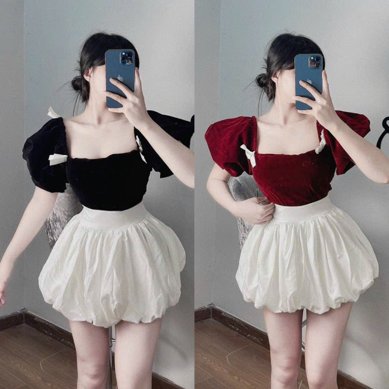 Set Áo Nhung Cổ Vuông Tay Ngắn Phồng Croptop Đính 2 Nơ + Quần Short TUYẾT MƯA Bí Có Thêm Quần Bên Trong