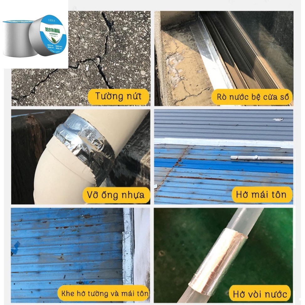 Băng keo chống thấm, keo dán ton WATERPROOF Nhật Bản, miếng dán chống dột trần nhà vá các vết nứt bê tông, v.v
