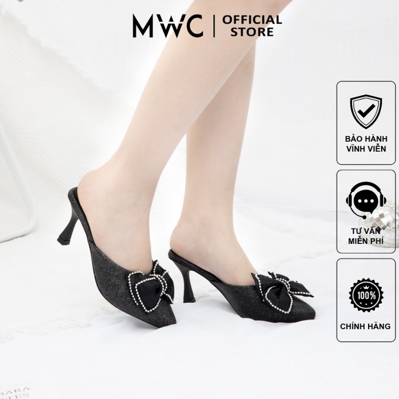 Giày MWC 4250 - Giày Sục Cao Gót Đế Nhọn 5CM, Sục Cao Gót Mũi Nhọn Đính Nơ Tiểu Thư