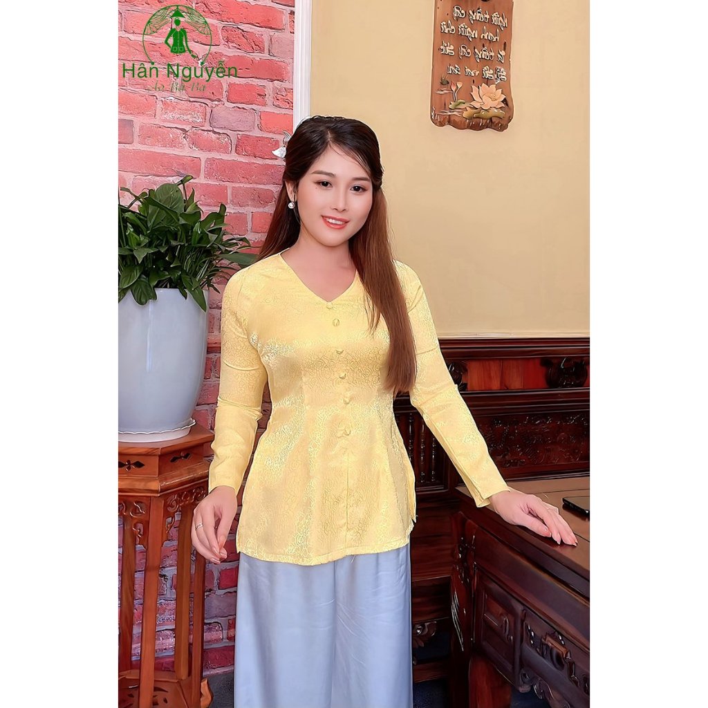 B.A78 - Bộ Bà Ba Gấm Hoa Cổ Tim Dây Kéo Nút Bọc - Hân Nguyễn Áo Bà Ba