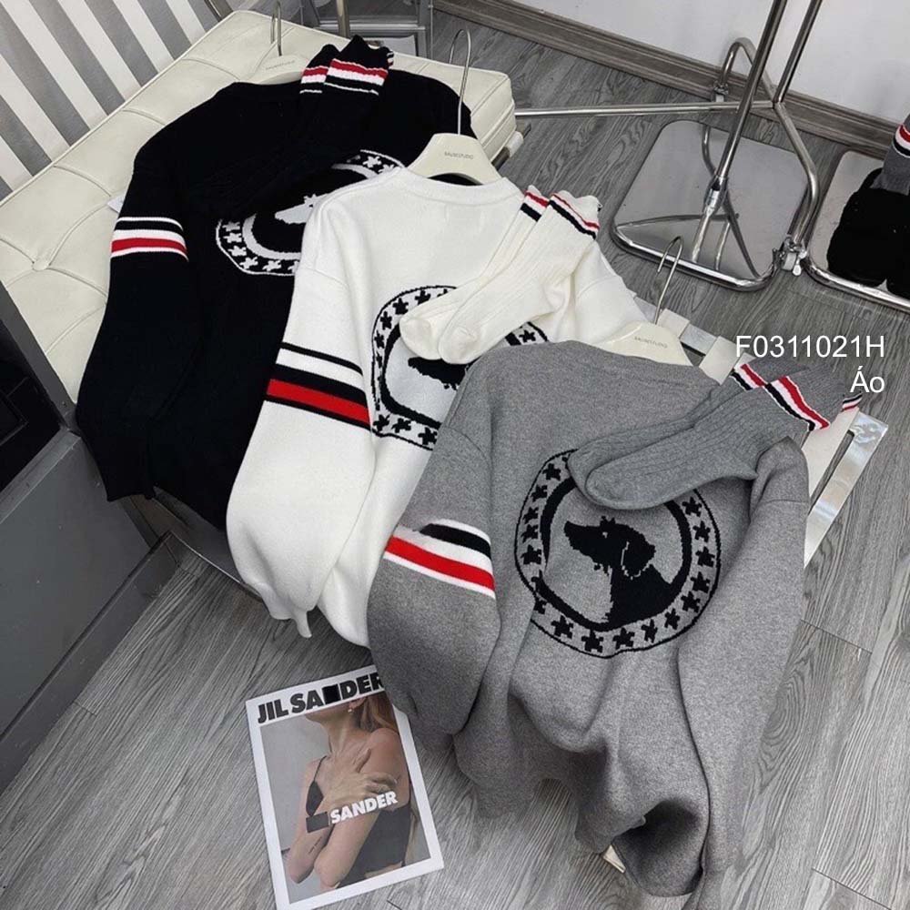 Áo len form rộng họa tiết lưng hình chó tay dài phối viền sọc màu bên hàng QC! transtore