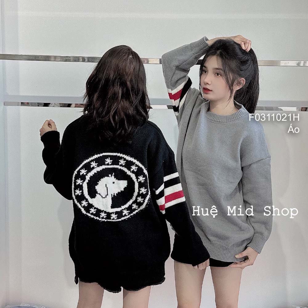 Áo len form rộng họa tiết lưng hình chó tay dài phối viền sọc màu bên hàng QC! transtore