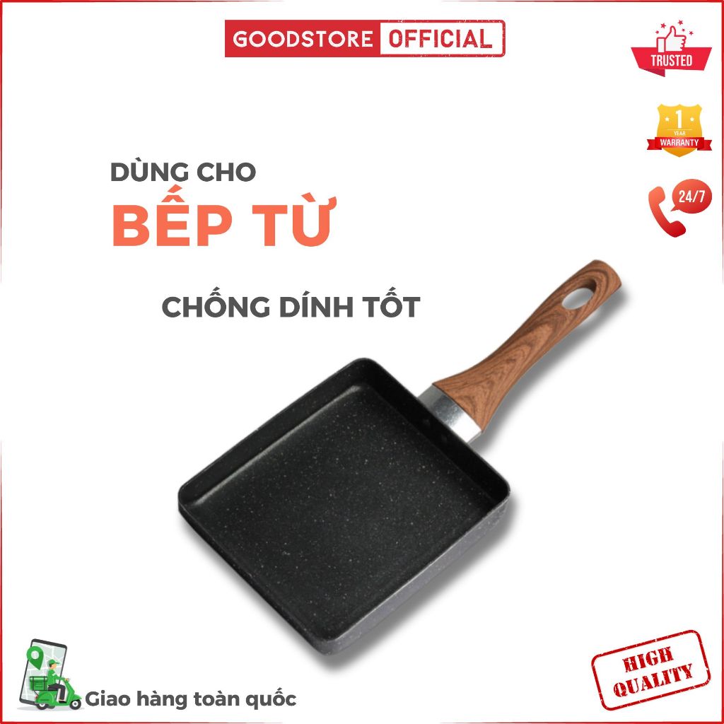 Chảo đá chống dính Goodstore màu đen, cán bằng gỗ, Chảo chiên trứng nấu bếp từ, bếp gas