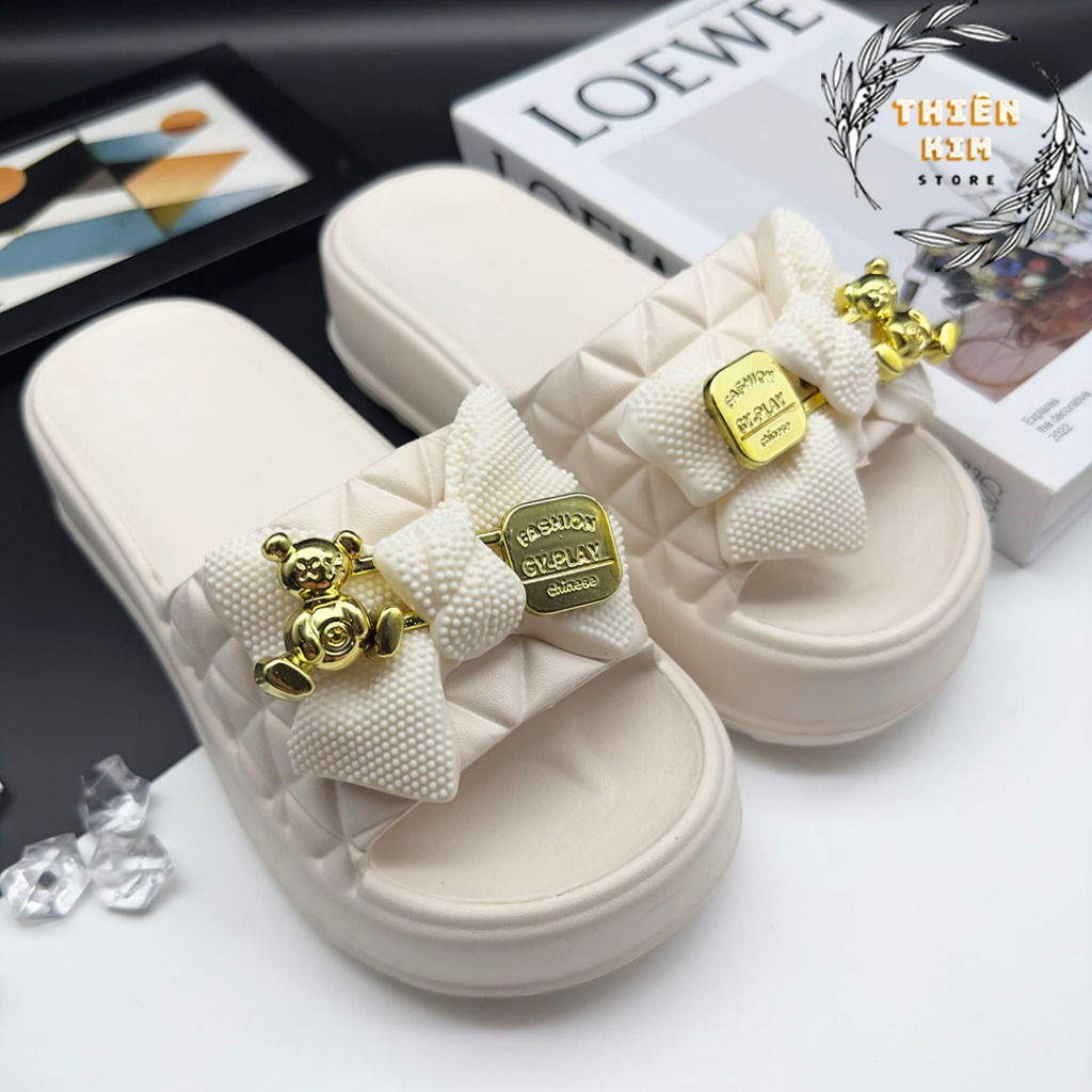 Dép nữ bánh mì quai ngang hình nơ đúc nguyên khối đế EVA cao 5cm, siêu mềm êm nhẹ chống trơn trượt D7785