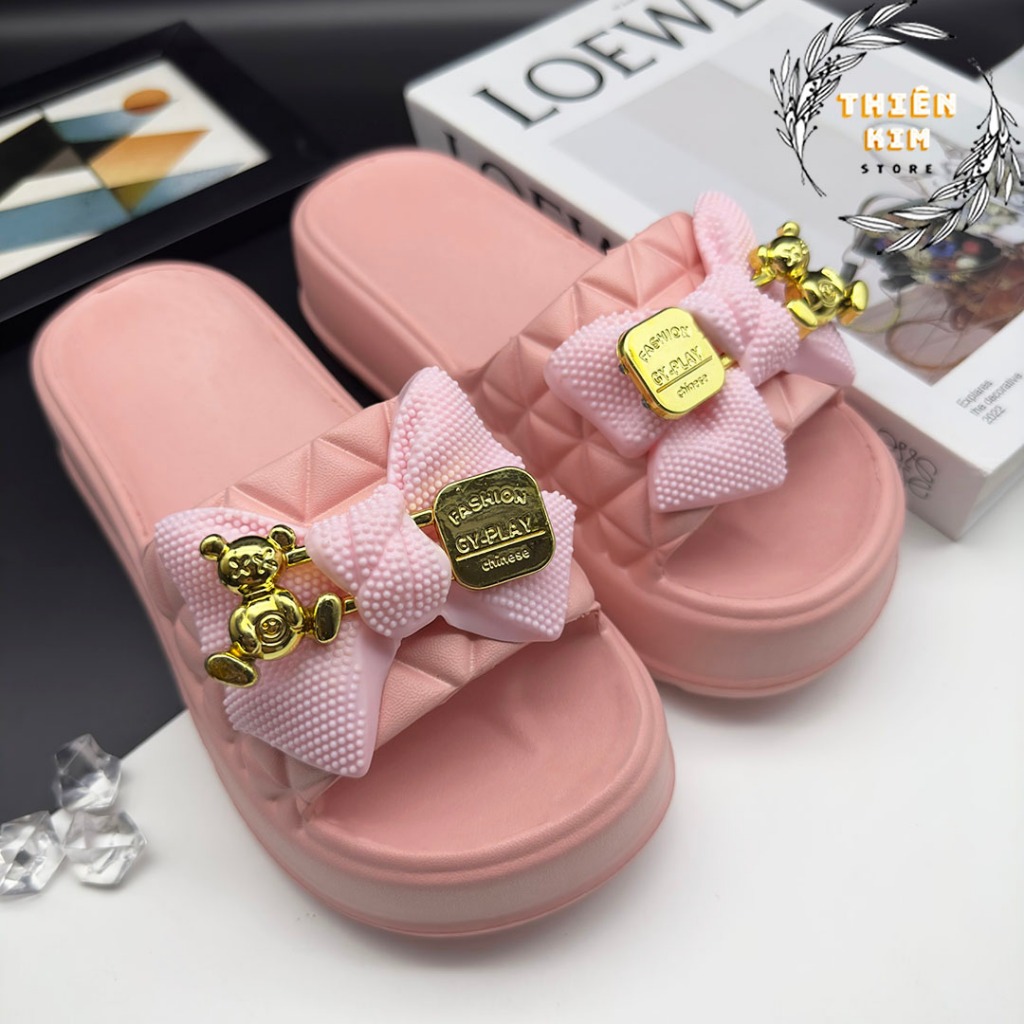 Dép nữ bánh mì quai ngang hình nơ đúc nguyên khối đế EVA cao 5cm, siêu mềm êm nhẹ chống trơn trượt D7785