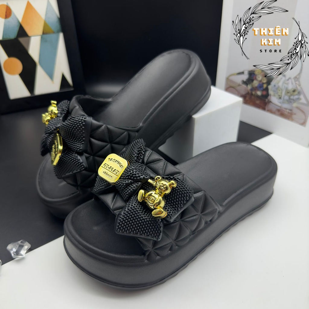 Dép nữ bánh mì quai ngang hình nơ đúc nguyên khối đế EVA cao 5cm, siêu mềm êm nhẹ chống trơn trượt D7785