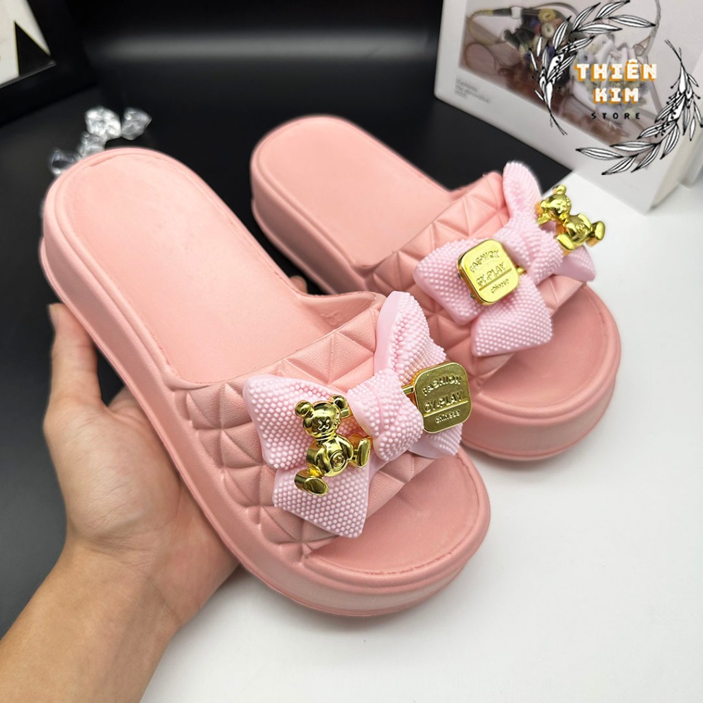 Dép nữ bánh mì quai ngang hình nơ đúc nguyên khối đế EVA cao 5cm, siêu mềm êm nhẹ chống trơn trượt D7785