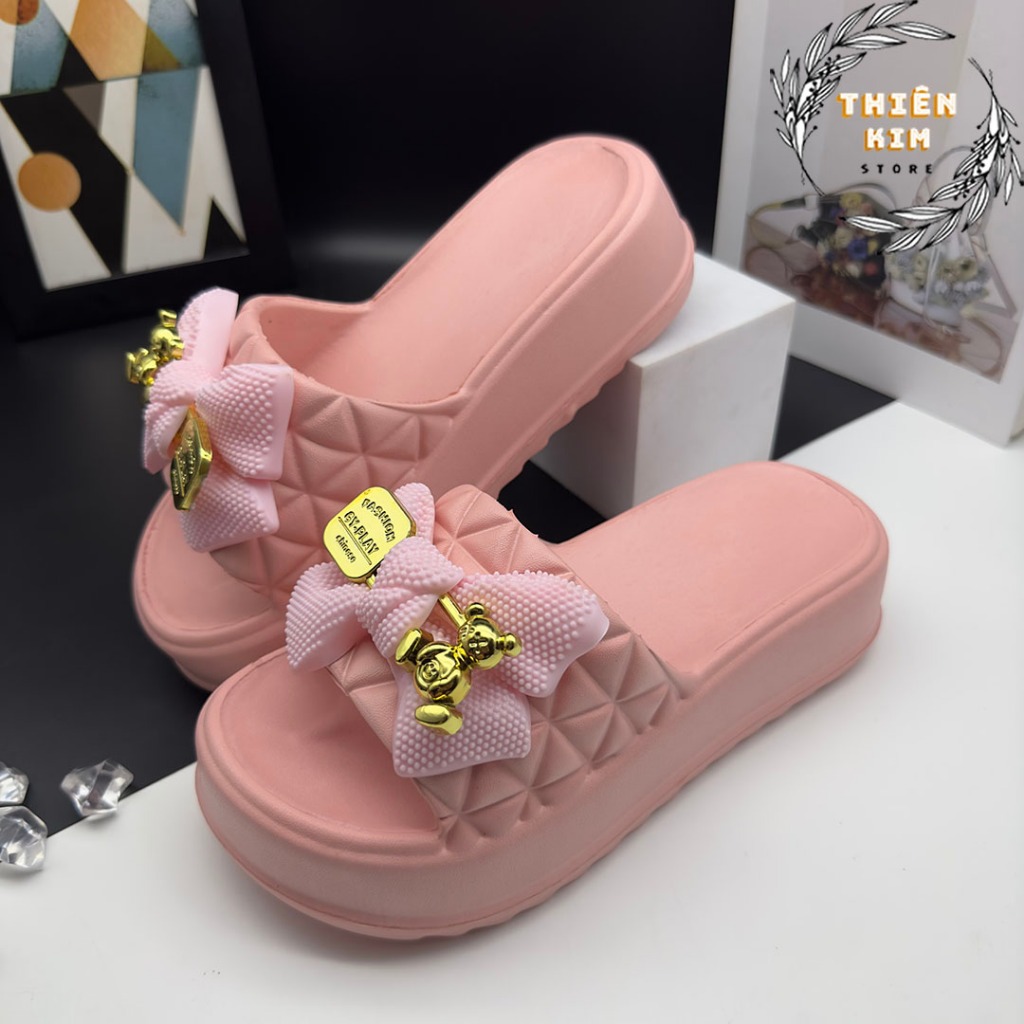 Dép nữ bánh mì quai ngang hình nơ đúc nguyên khối đế EVA cao 5cm, siêu mềm êm nhẹ chống trơn trượt D7785