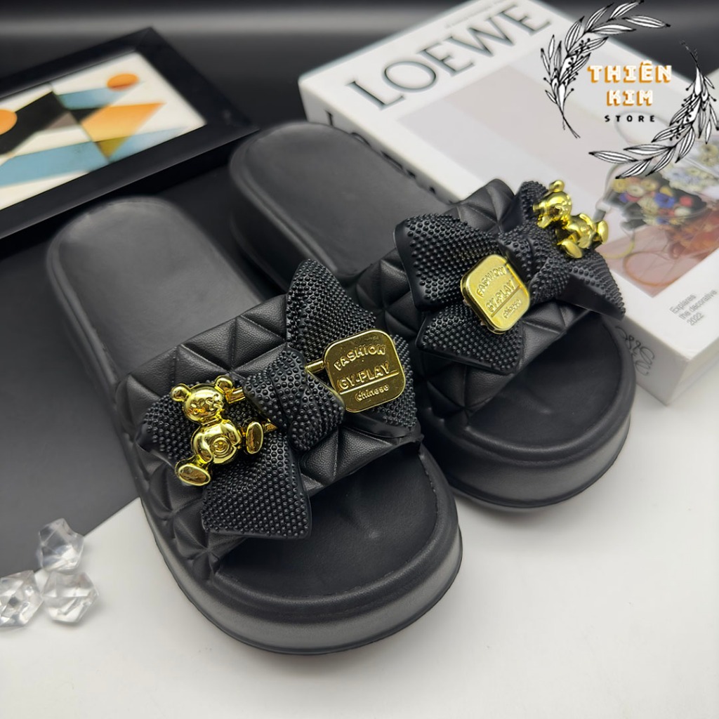 Dép nữ bánh mì quai ngang hình nơ đúc nguyên khối đế EVA cao 5cm, siêu mềm êm nhẹ chống trơn trượt D7785
