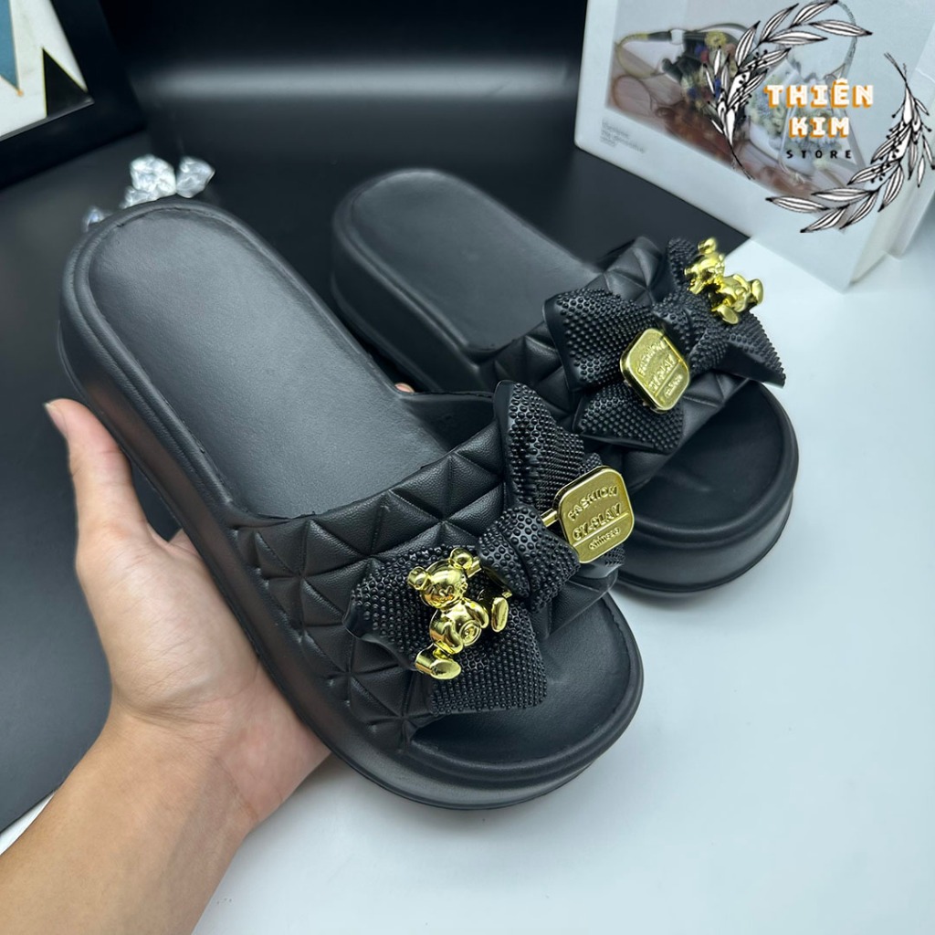 Dép nữ bánh mì quai ngang hình nơ đúc nguyên khối đế EVA cao 5cm, siêu mềm êm nhẹ chống trơn trượt D7785