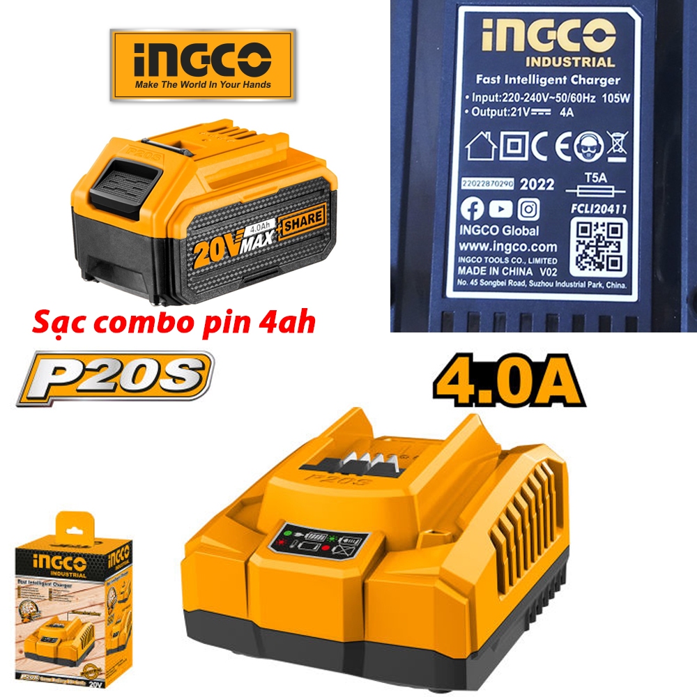 [Giá Rẻ Tiết Kiệm] Bộ Combo Pin 2 Ah 1 sạc và 4Ah 1 sạc sử dụng cho tất cả máy dùng Pin INGCO 20V giá rẻ, sạc nhanh 1h