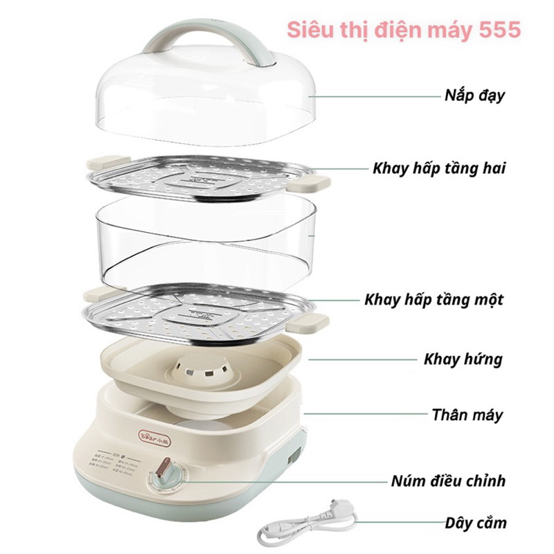 Nồi hấp 2 tầng Bear DZG-C60W9 dung tích 6L khay hấp inox cao cấp