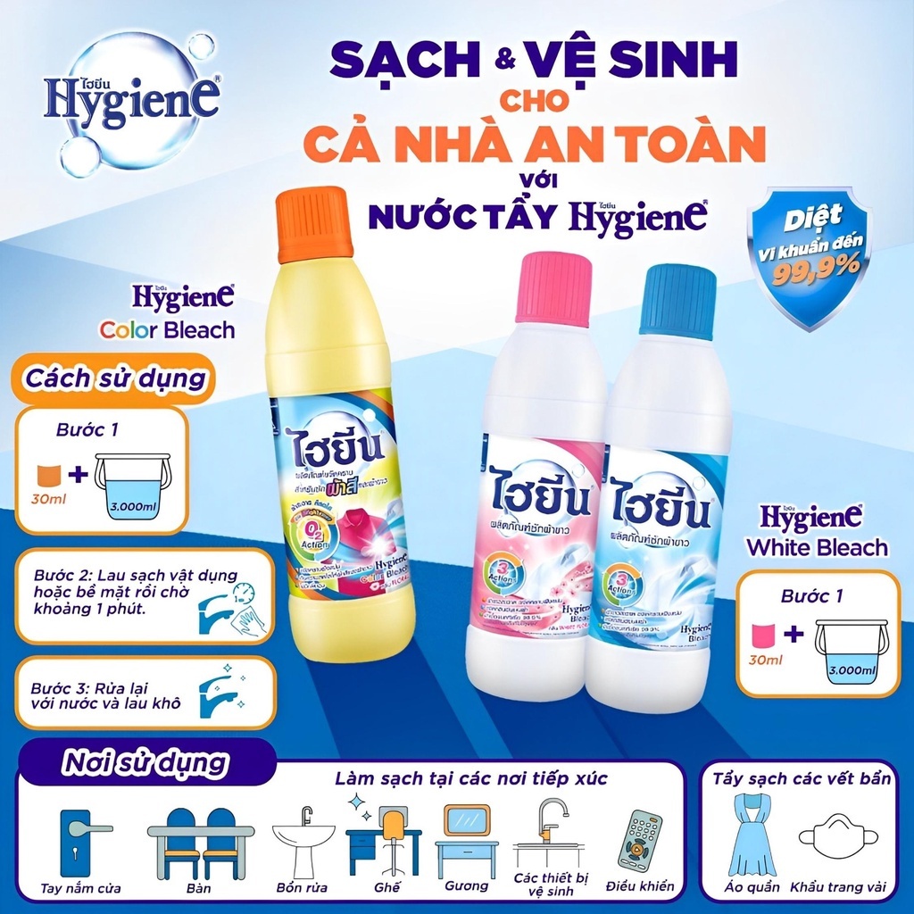 Tẩy trắng quần áo Hygiene - Nước tẩy quần áo trắng Thái Lan 250ml