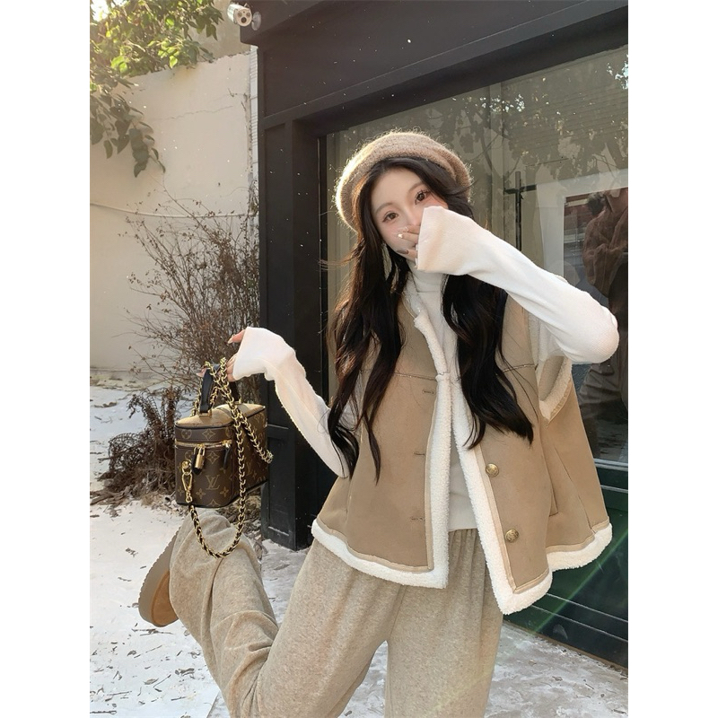 TKLIHN Áo gile LÔNG CỪU ulzzang phong cách RETRO sang chảnh 2023 Áo gile da lộn mix lông HOT TREND