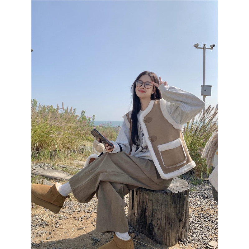 TKLIHN Áo gile LÔNG CỪU ulzzang phong cách RETRO sang chảnh 2023 Áo gile da lộn mix lông HOT TREND