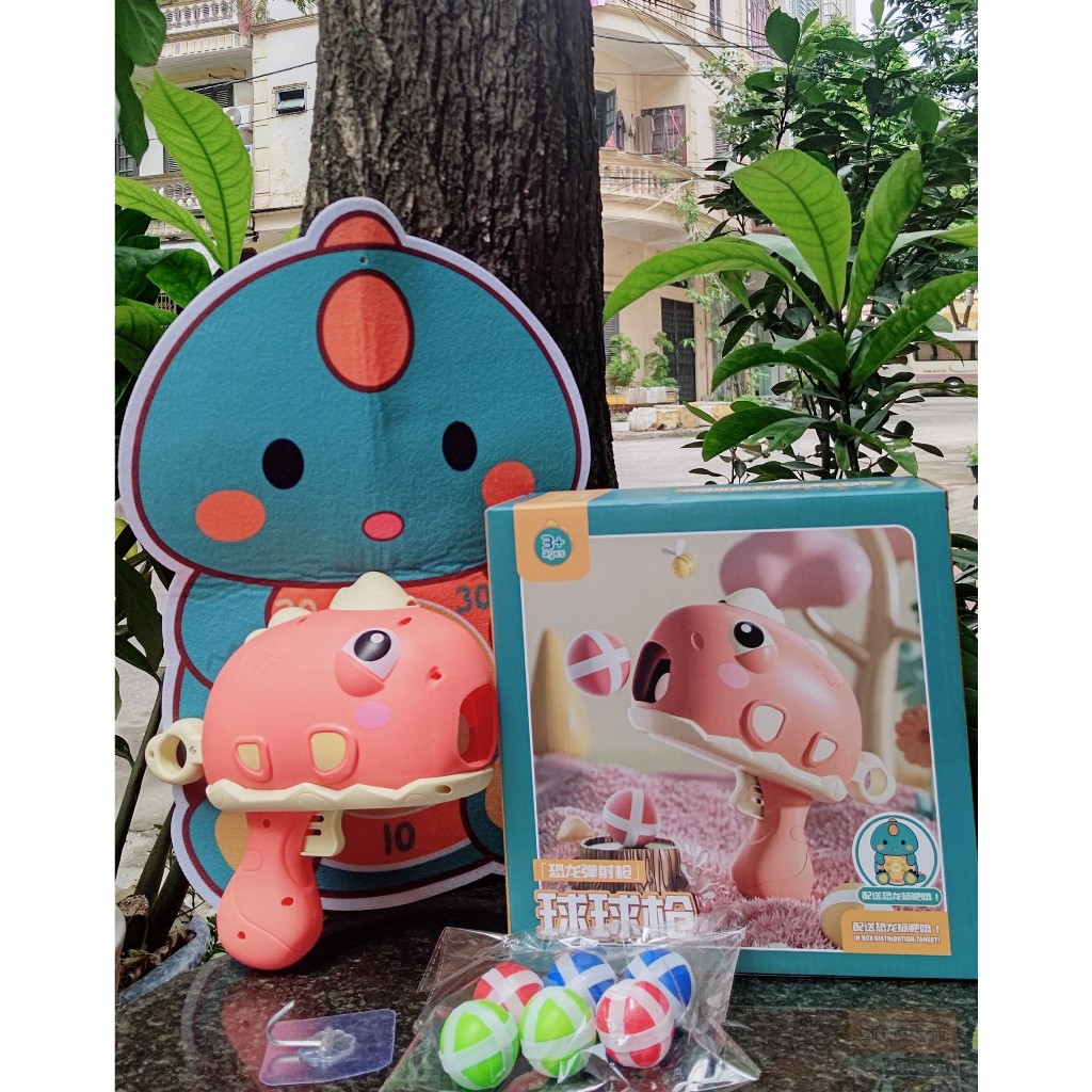 Đồ chơi bắn bóng khủng long tính điểm giải trí kèm bóng, bảng, khủng long bắn bóng dính, ném bóng dính