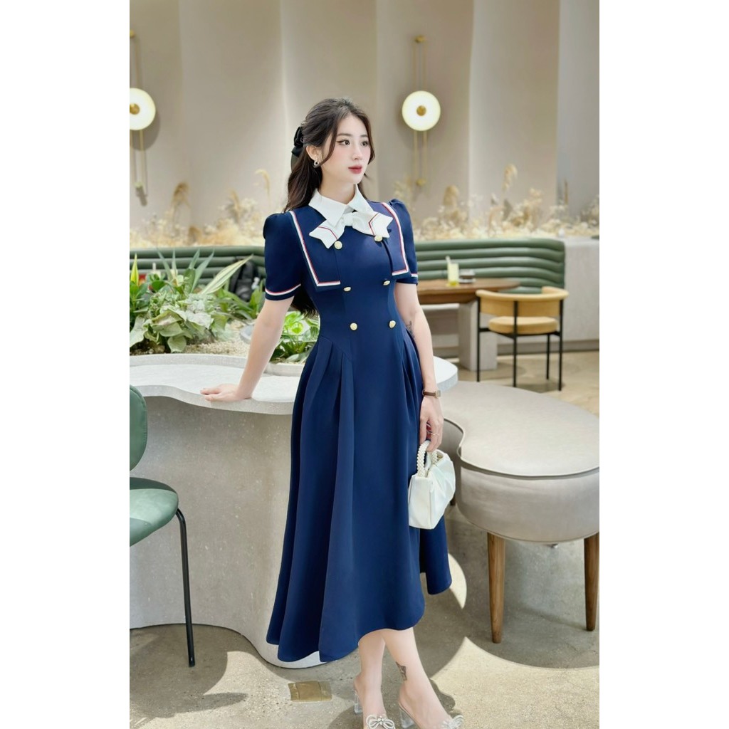 Khâu váy thiết kế xanh lé nơ trắng sang chảnh phù hợp đi làm đi chơi