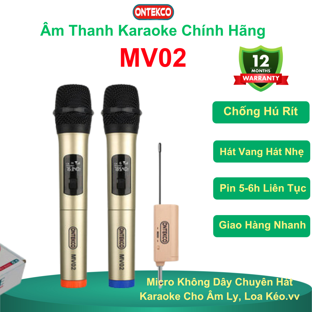 Micro Không dây Karaoke ONTEKCO E6 vàng, Chính hãng, hút âm, chống hú-Chuyên dùng cho amply, loa kéo đa năng