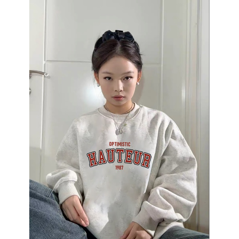 Áo Sweater Nỉ Bông Form Rộng Nam Nữ Dáng Oversize Xám Tiêu In Chữ Đơn Giản