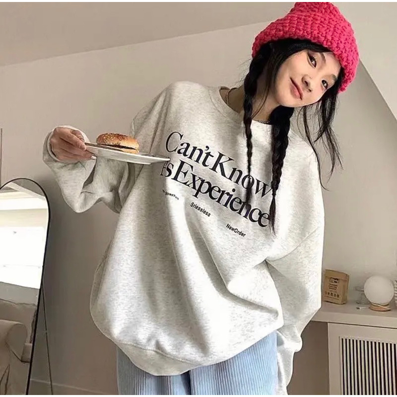 Áo Sweater Nỉ Bông Form Rộng Nam Nữ Dáng Oversize Xám Tiêu In Chữ Đơn Giản