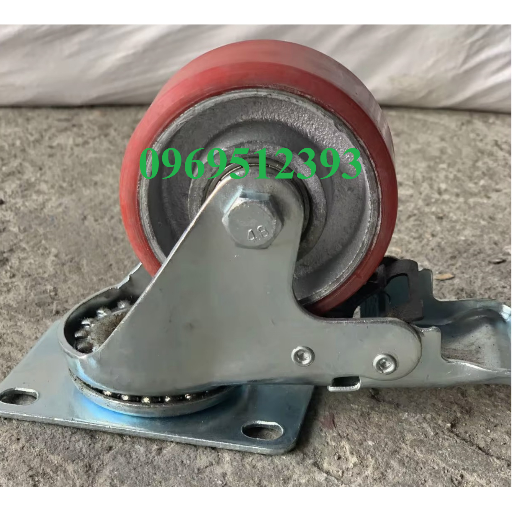 Bánh xe đẩy công nghiệp PU lõi gang tải trung mặt bích D75, D100, D125 tải trọng 400-600Kg