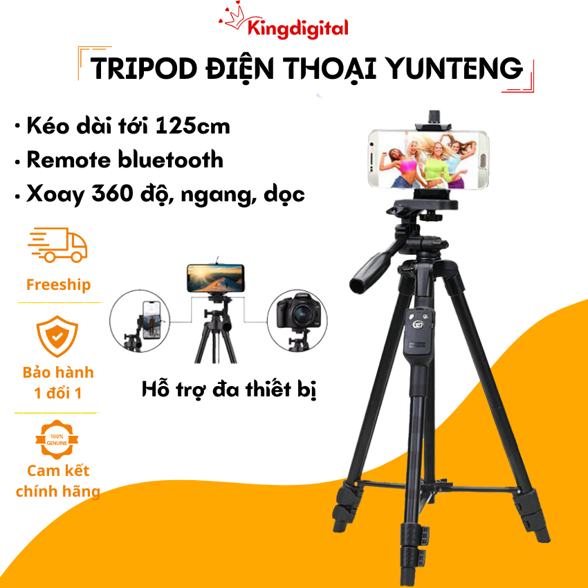 Tripod 3 chân quay phim - Gậy quay phim chụp ảnh cho điện thoại, máy ảnh có remote bluetooth, kéo dài 125cm