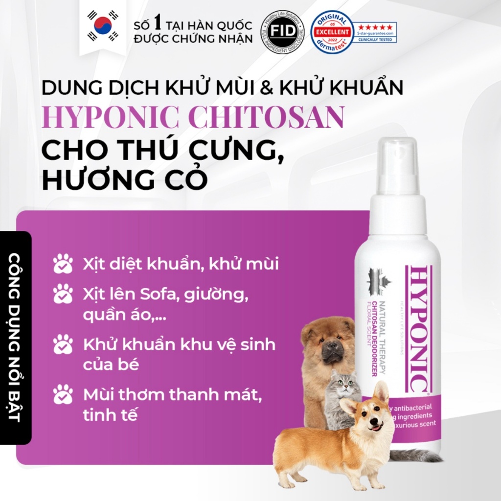 Dung dịch xịt khử mùi & khử khuẩn HYPONIC Chitosan an toàn cho thú cưng, hương cỏ - 100ml