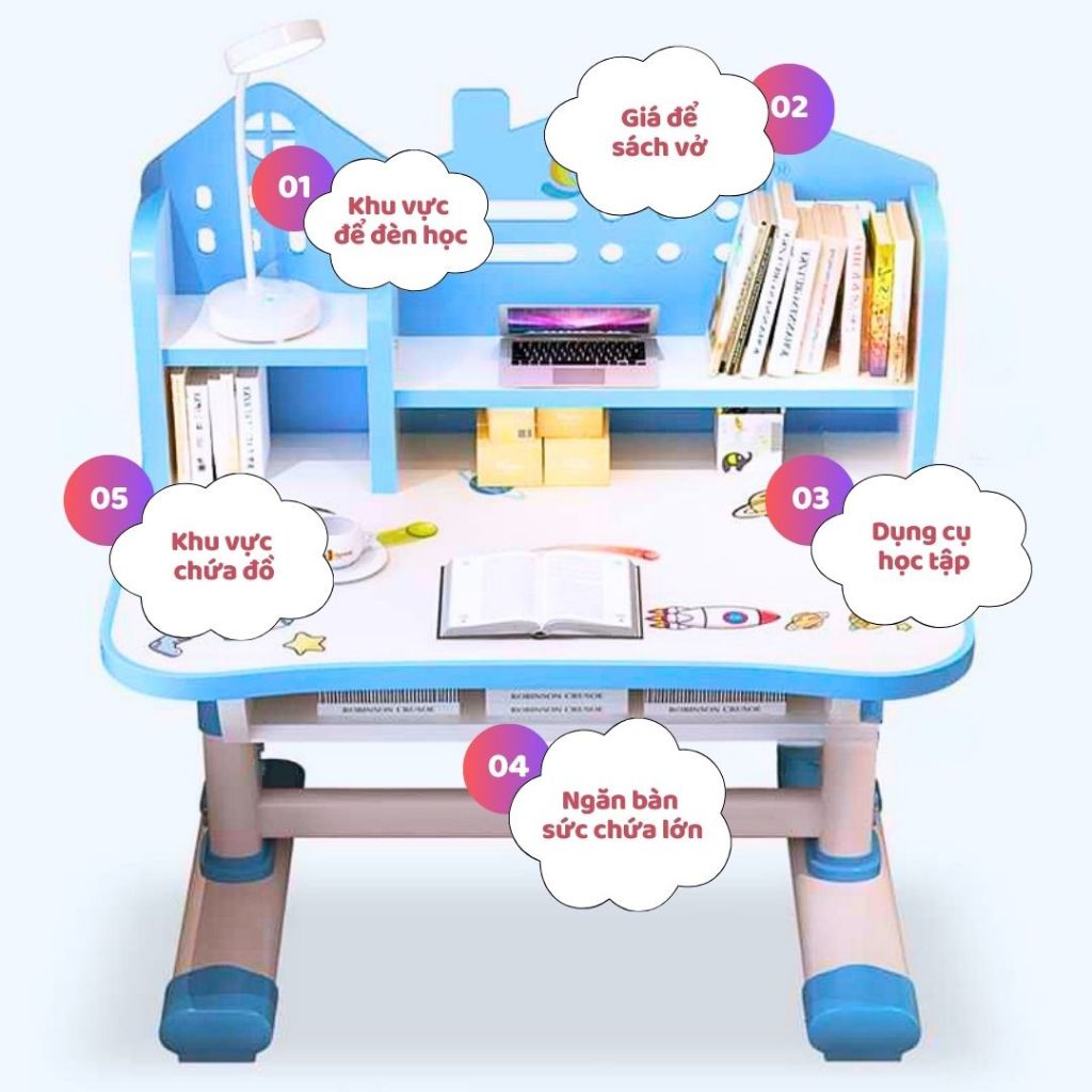 Bộ bàn ghế chống gù cho bé Winsmart SA04, Bộ bàn ghế chống cận thông minh, Có giá sách rộng rãi Nâng hạ chiều cao Giá rẻ