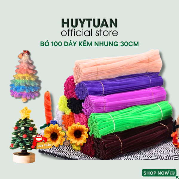Bó 100 dây kẽm nhung làm hoa handmade mix màu 30cm - Dây kẽm lông làm cây thông noel hoa đào mai tulip trang trí tết