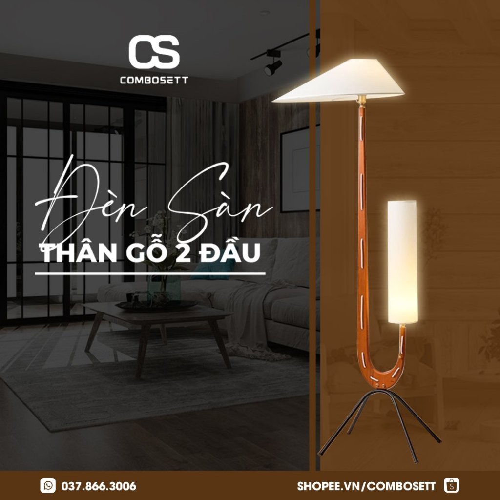 Đèn sàn cao cấp, đèn cây đứng thân gỗ óc chó phong cách Bắc Âu trang trí phòng ngủ, phòng khách, đèn chao đôi hiện đại