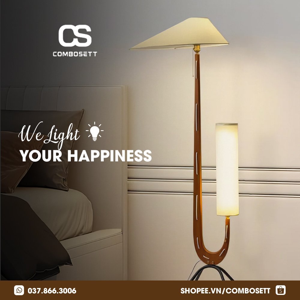 Đèn sàn cao cấp, đèn cây đứng thân gỗ óc chó phong cách Bắc Âu trang trí phòng ngủ, phòng khách, đèn chao đôi hiện đại