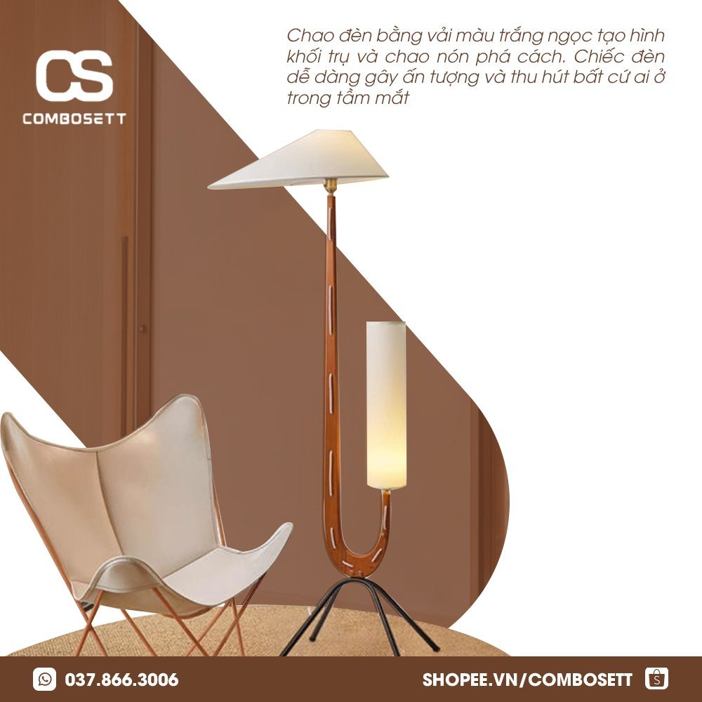 Đèn sàn cao cấp, đèn cây đứng thân gỗ óc chó phong cách Bắc Âu trang trí phòng ngủ, phòng khách, đèn chao đôi hiện đại