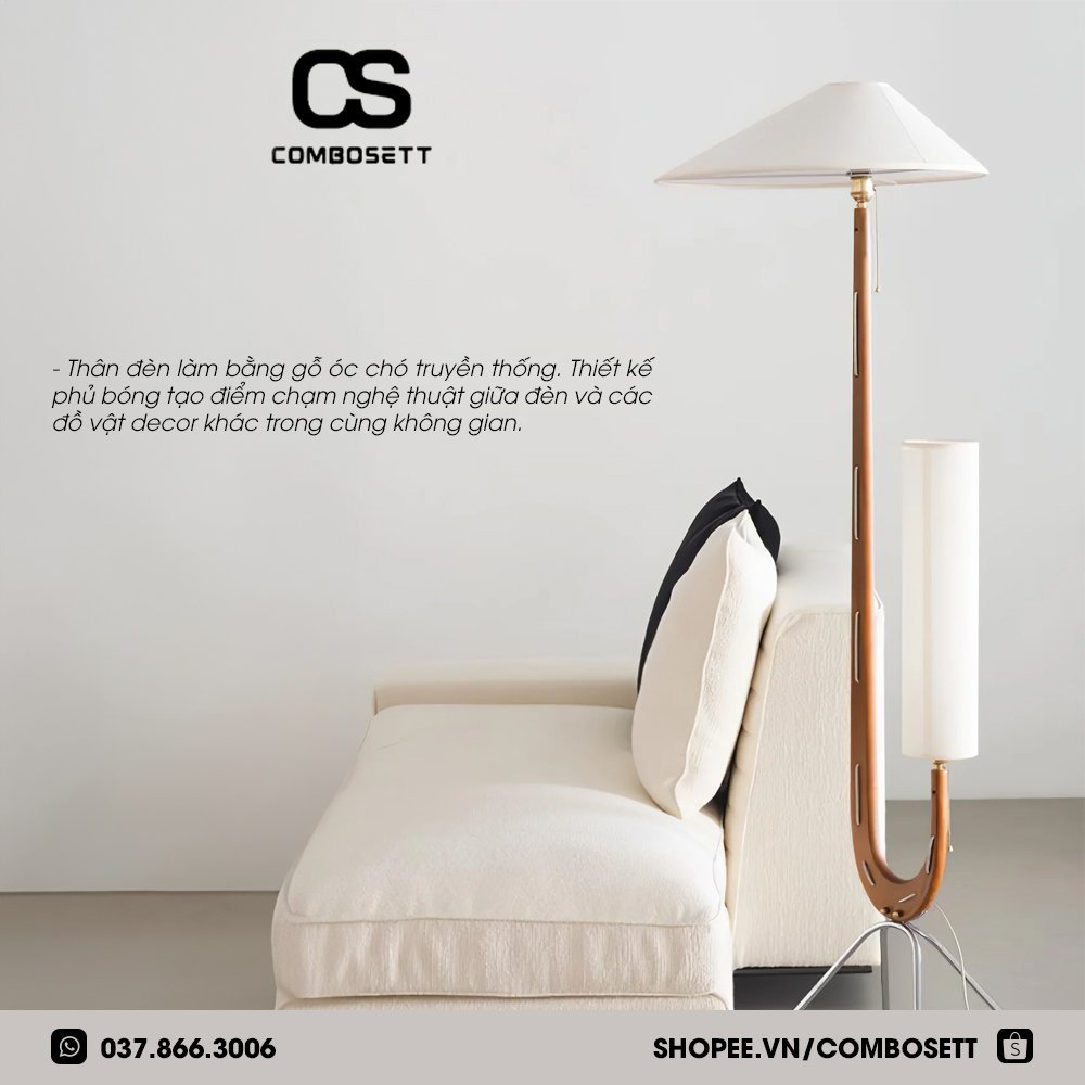 Đèn sàn cao cấp, đèn cây đứng thân gỗ óc chó phong cách Bắc Âu trang trí phòng ngủ, phòng khách, đèn chao đôi hiện đại