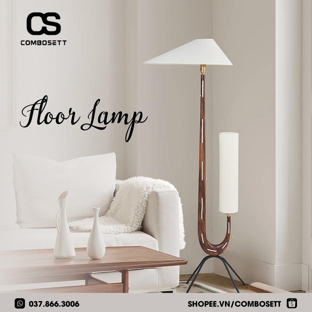 Đèn sàn cao cấp, đèn cây đứng thân gỗ óc chó phong cách Bắc Âu trang trí phòng ngủ, phòng khách, đèn chao đôi hiện đại