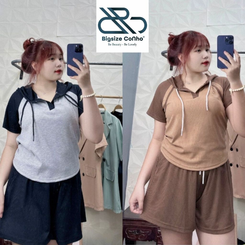 Bộ Đồ Nữ Bigsize Cô Nhỏ Áo Thun Phối Màu Có Nón Và Quần Đùi Có Dây Chất Gân Tăm Co Giãn SET36