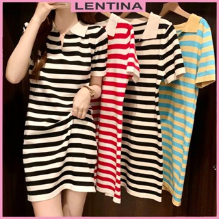 Váy polo dáng suông nữ len mongtoghi tay ngắn kiểu kẻ ngang cổ bẻ Đầm dệt kim đẹp Quảng Châu cao cấp