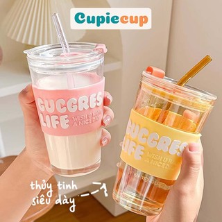 Cốc thủy tinh kèm nắp, ly thủy tinh đựng trà sữa, cafe, phong cách hàn quốc btt016