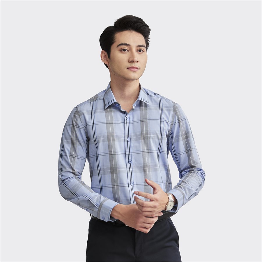 Áo sơ mi dài tay Aristino  sợi tre  kháng khuẩn form slim ALS15902 màu xanh kẻ đen