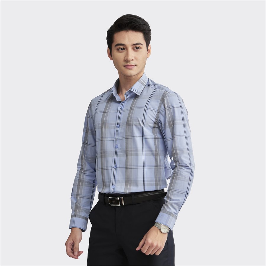 Áo sơ mi dài tay Aristino  sợi tre  kháng khuẩn form slim ALS15902 màu xanh kẻ đen