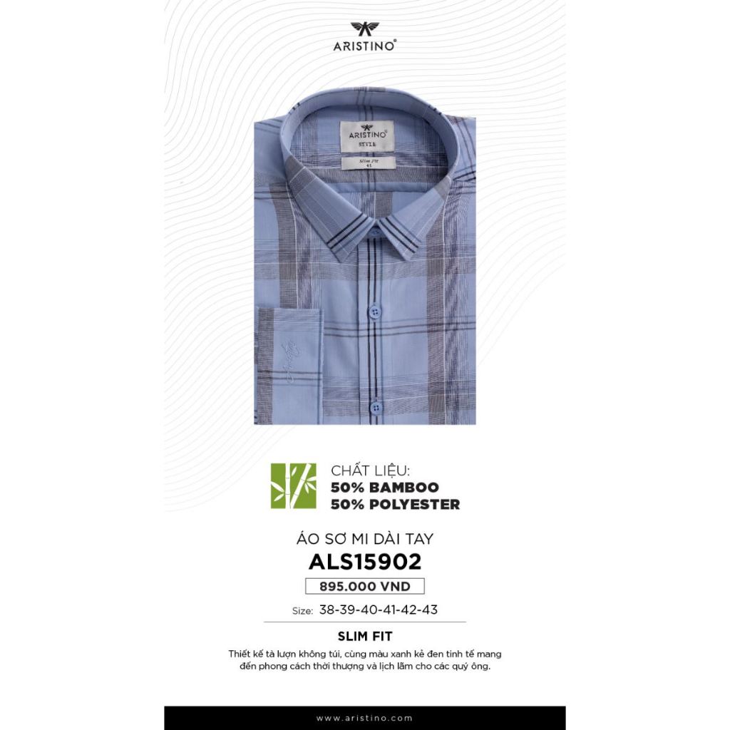 Áo sơ mi dài tay Aristino  sợi tre  kháng khuẩn form slim ALS15902 màu xanh kẻ đen