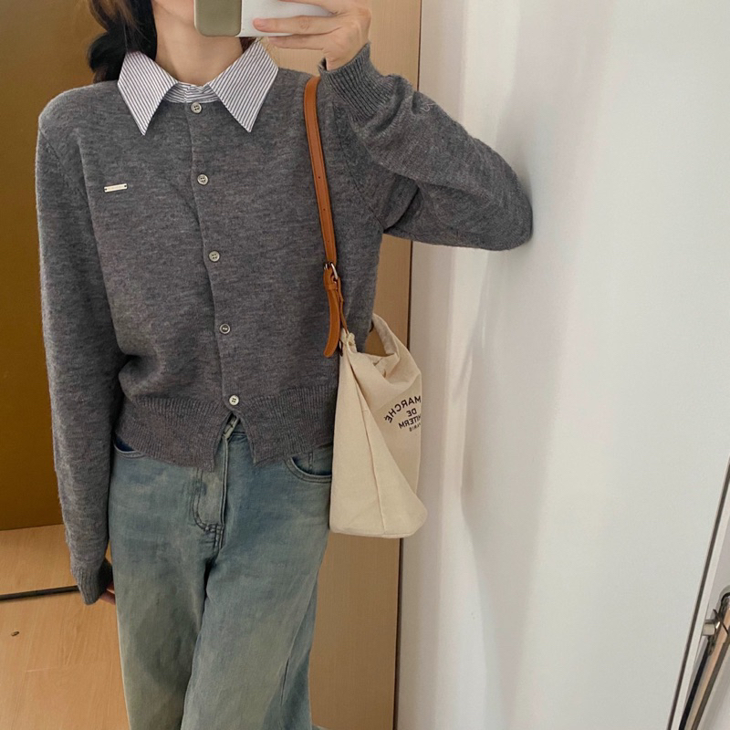 KAYY. Áo cardigan len mix cổ sơ mi _ Accs