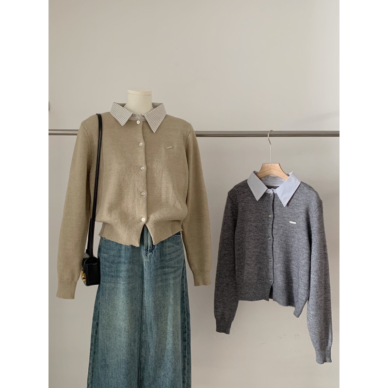 KAYY. Áo cardigan len mix cổ sơ mi _ Accs