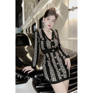 Đầm body len nút ziczac tay dài sieu cấp