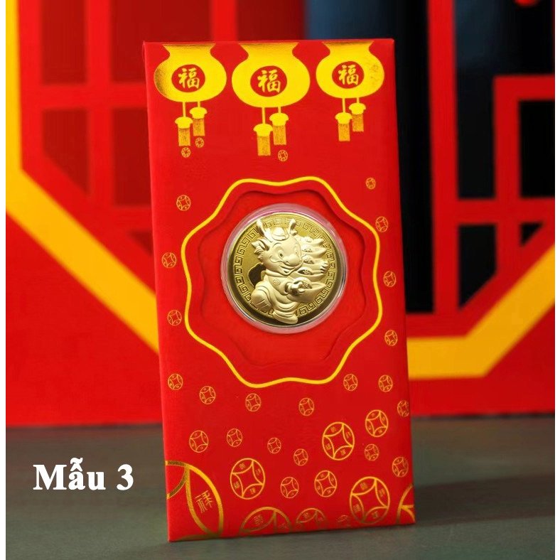 Set 5 Bao Lì Xì Hình Rồng Mạ Vàng Quà Tết 2024 May Mắn Phong Thủy