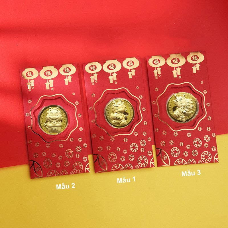 Set 5 Bao Lì Xì Hình Rồng Mạ Vàng Quà Tết 2024 May Mắn Phong Thủy