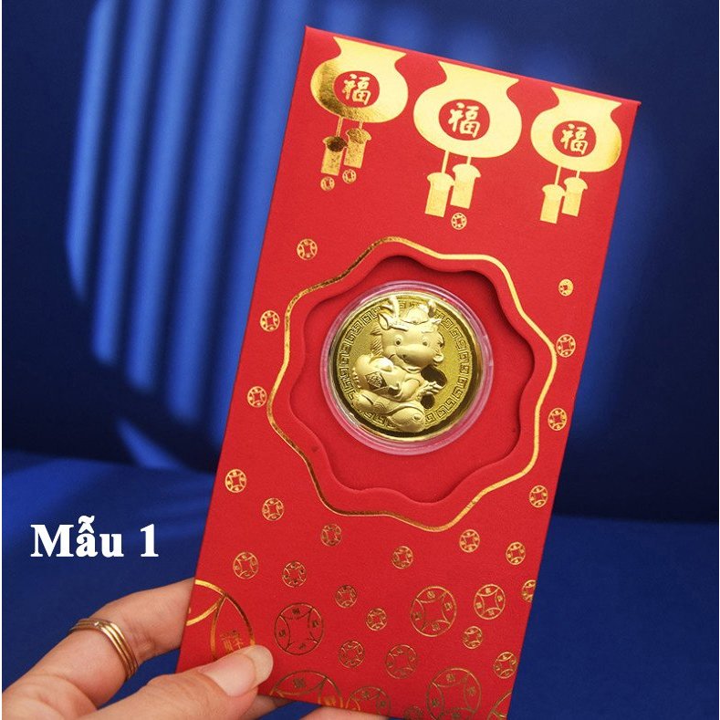 Set 5 Bao Lì Xì Hình Rồng Mạ Vàng Quà Tết 2024 May Mắn Phong Thủy
