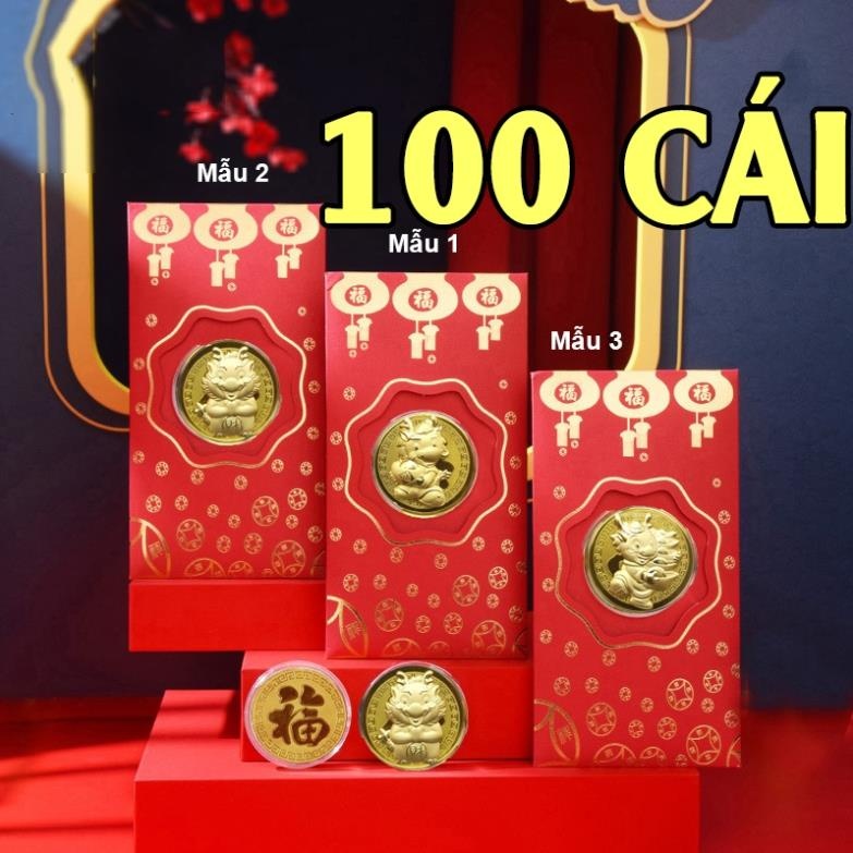 Set 5 Bao Lì Xì Hình Rồng Mạ Vàng Quà Tết 2024 May Mắn Phong Thủy